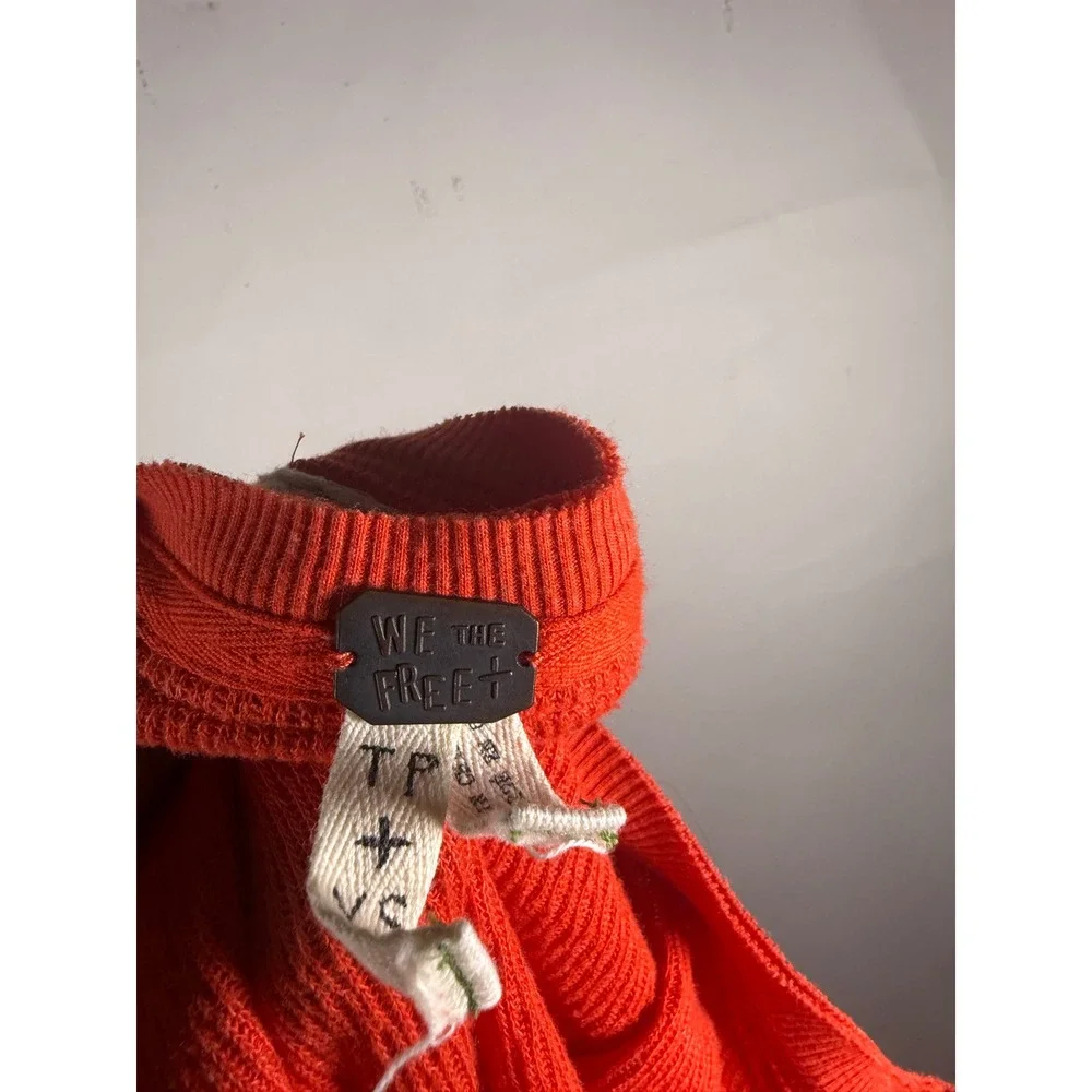 Free People We The Free Orange Red Thermal Henley Embroidered Trim Top XS